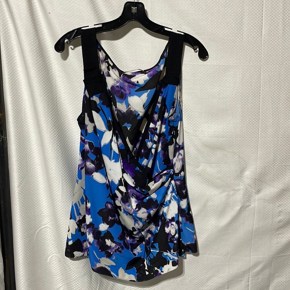 Tahari L floral cross over buntline grosgrain straps side zip entry rushing euc
